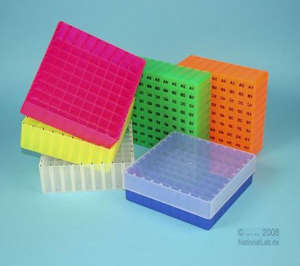Kunststoffboxen EPPi Box, 45mm, Neon- Serie, mit festem 9x9 Innenraster, alphanumerische Codierung auf Rand und Boden